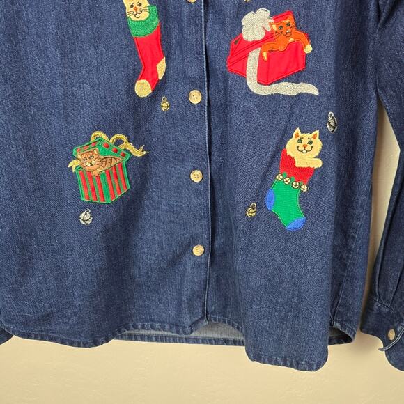 Westbound Denim Christmas Cat Lady Kittens Embroidered Shirt Button Up 90s M - Picture 5 of 13